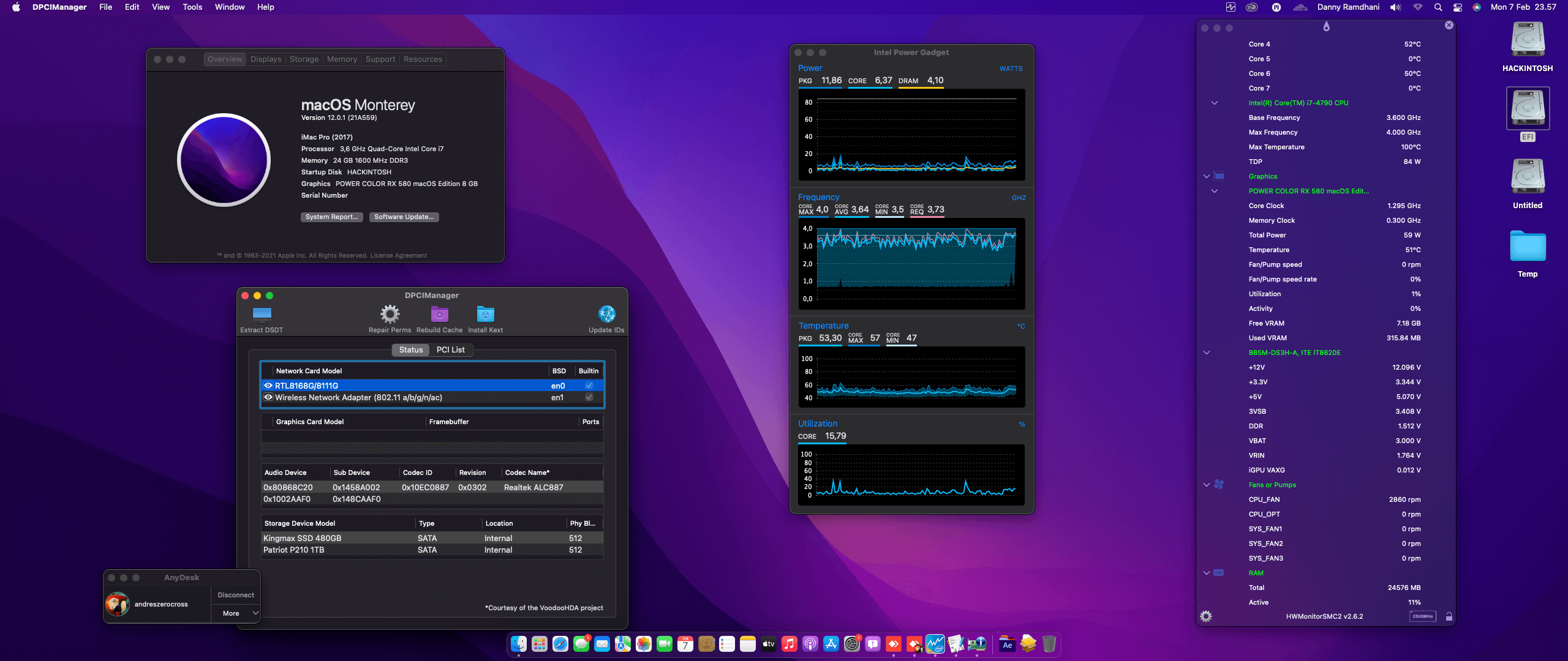 Success Hackintosh macOS Monterey 12.0.1 Build 21A559 in Gigabyte GA-B85M-D3H + Intel Core i7 4790 + Power Color RX 580